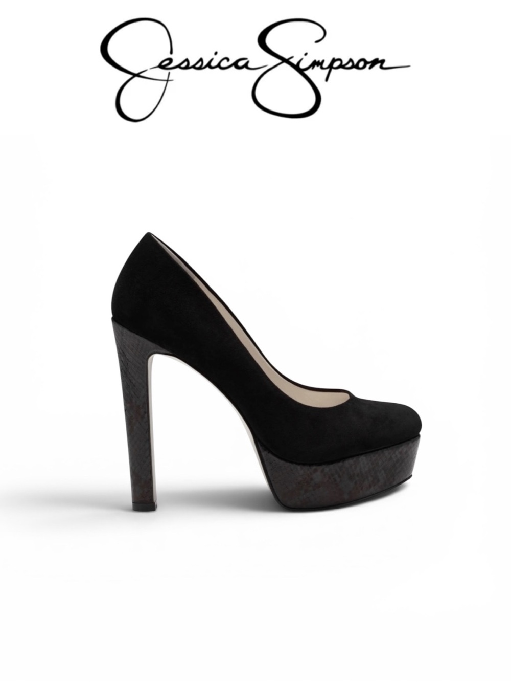 JESSICA SIMPSON NELLAH BLACK SUEDE PLATFORM HEELS NWT SIZE 8.5 SNAKE EMBOSSED